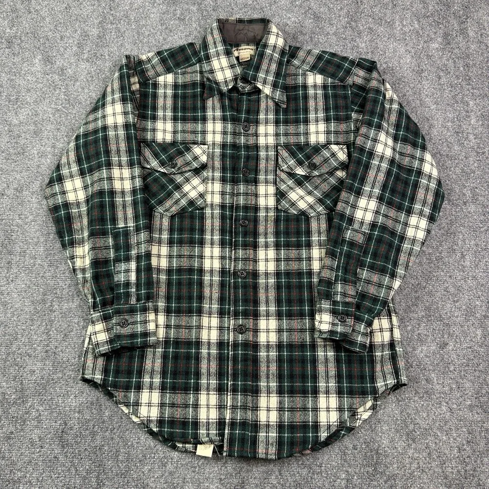 Vintage Amana Woolen Mills Flannel Shirt Mens M Green Plaid 50s 60s Outdoor Work